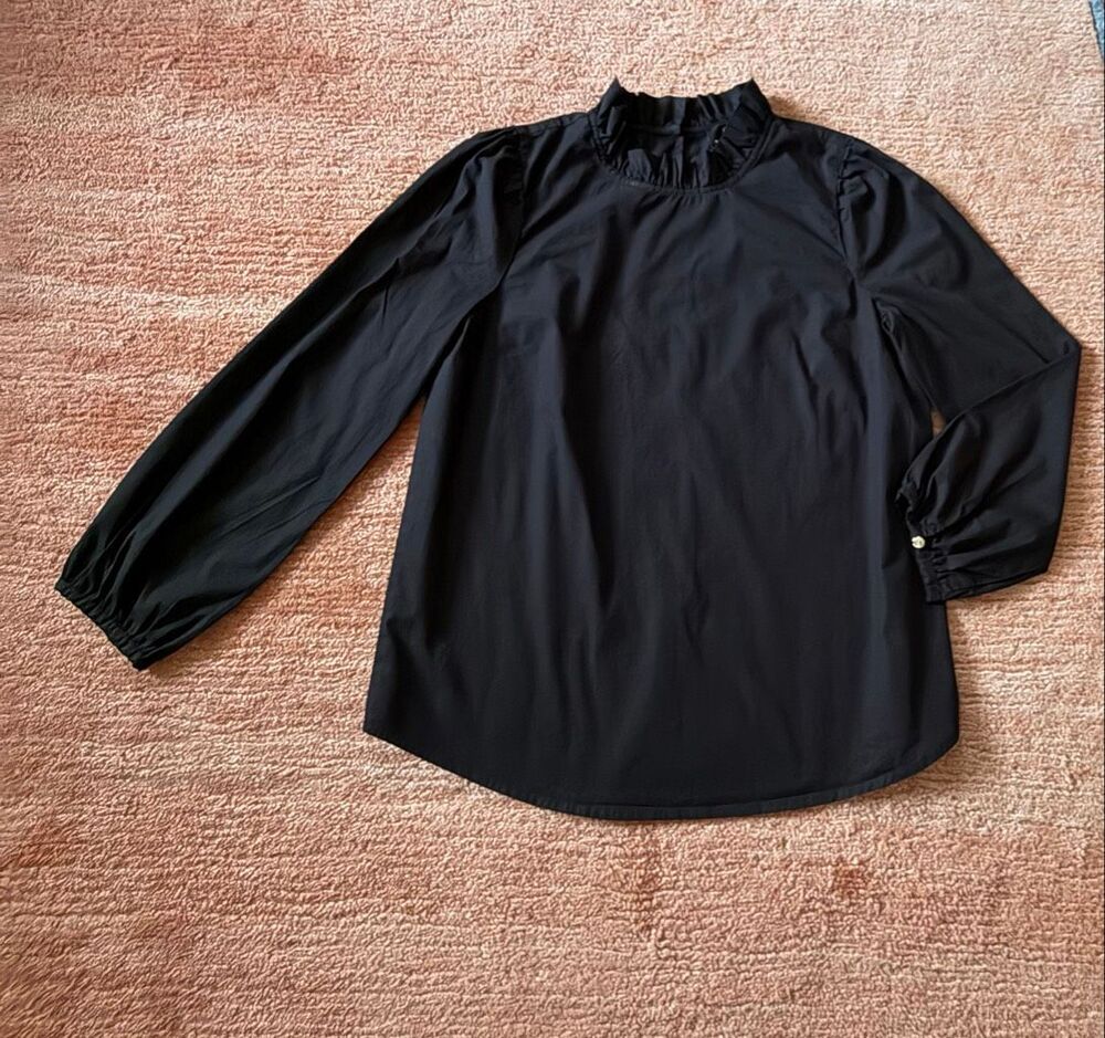 J.Crew Women’s Black Ruffle Neck Blouse Size S Organic Cotton Stretch